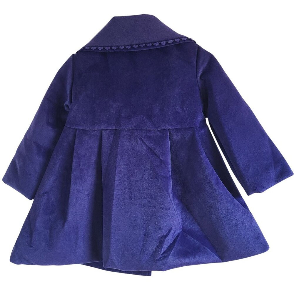 Girls Velvet Coat Royal Blue Size 3T / 4T Bow & Pom Pom Trim Elegant Winter - Picture 2 of 10